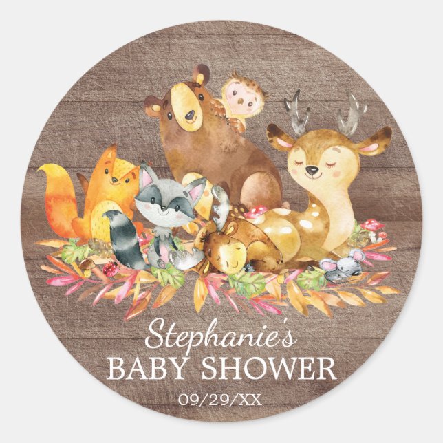 Woodland Animals Neutral Baby Shower Favour Sticke Classic Round Sticker (Front)
