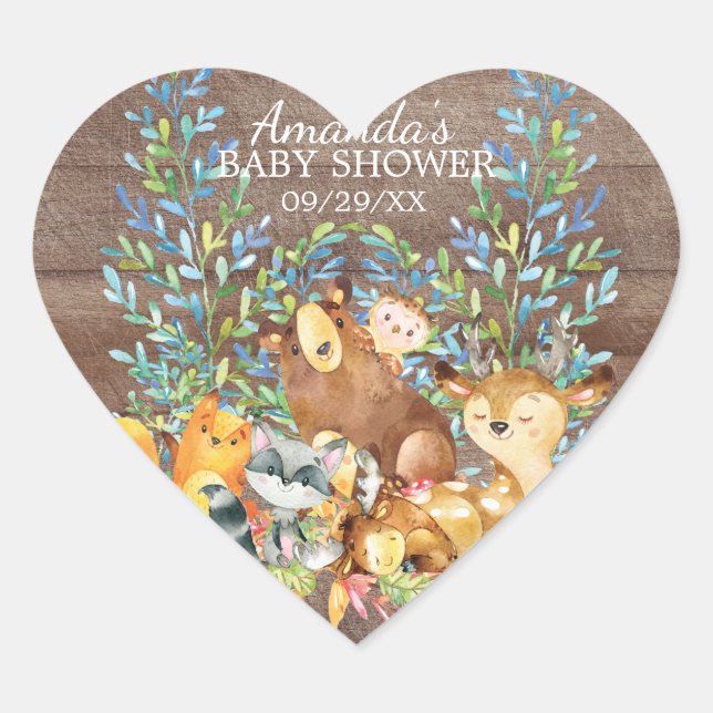 Woodland Animals Neutral Baby Shower Favour Sticke Heart Sticker (Front)