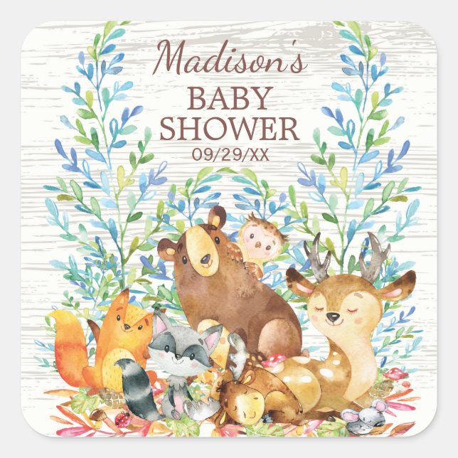 Woodland Animals Neutral Baby Shower Favour Sticke Square Sticker (Front)