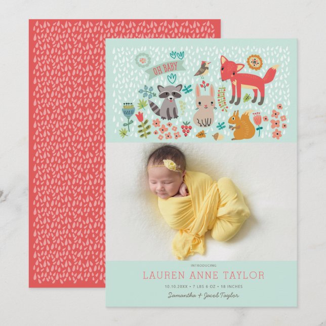 Woodland Animals New Baby Birth Announcement (Front/Back)