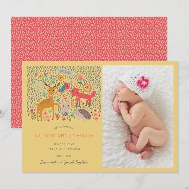 Woodland Animals New Baby Birth Announcement (Front/Back)