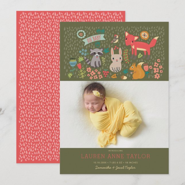 Woodland Animals New Baby Birth Announcement (Front/Back)