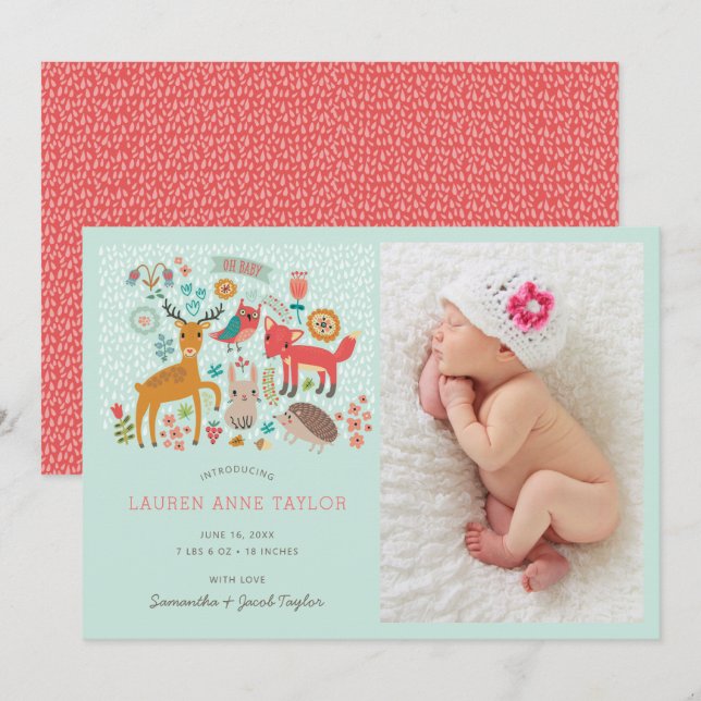 Woodland Animals New Baby Birth Announcement (Front/Back)