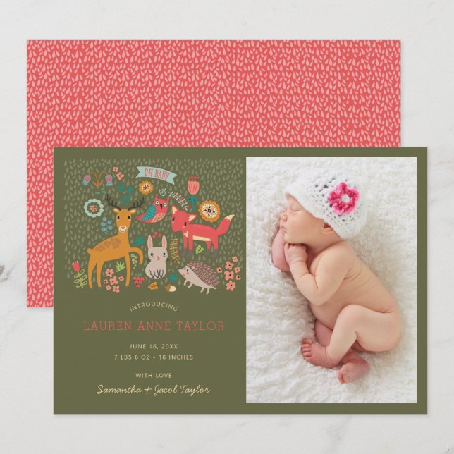 Woodland Animals New Baby Birth Announcement (Front/Back)