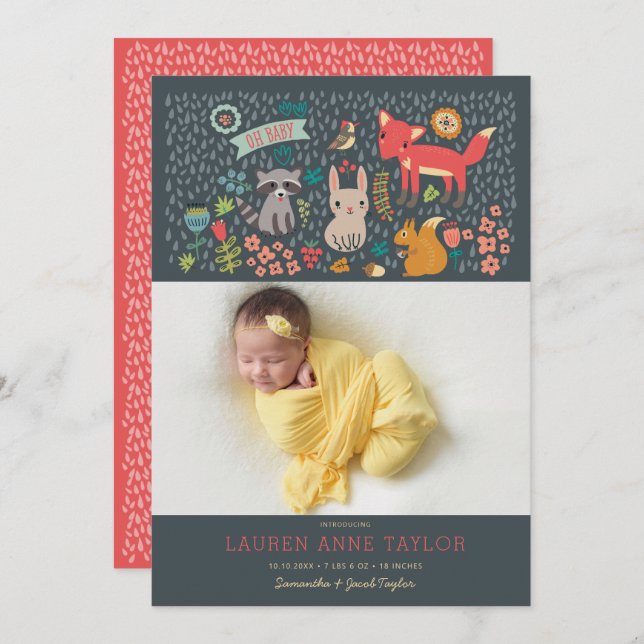 Woodland Animals New Baby Birth Announcement (Front/Back)