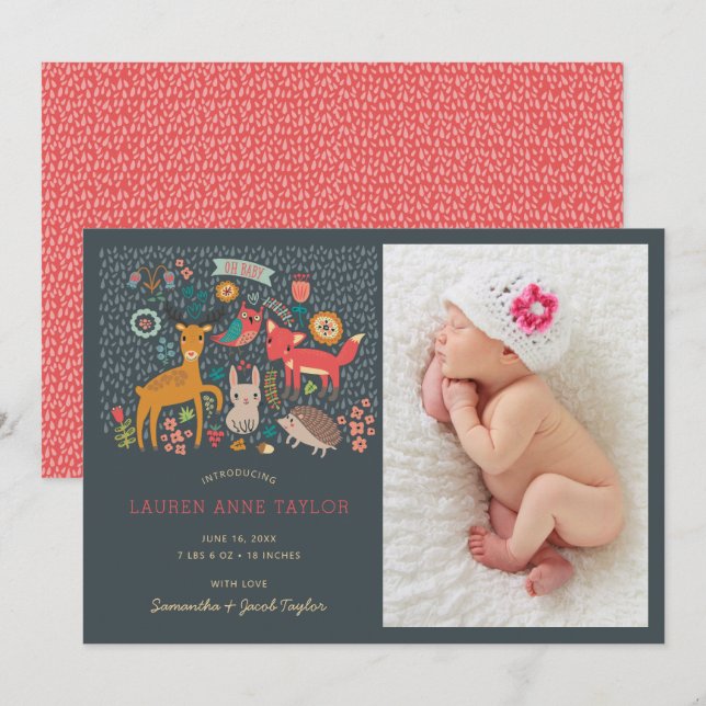 Woodland Animals New Baby Birth Announcement (Front/Back)