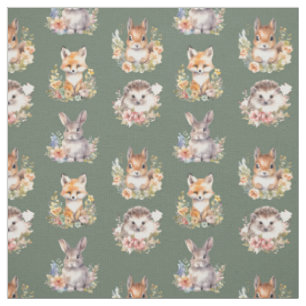 Woodland Animals on Camouflage Green Fabric