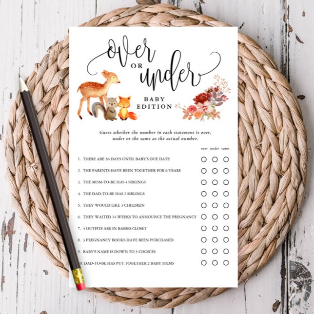 Woodland Animals Over Under Shower Paper Game Card (Creator Uploaded)