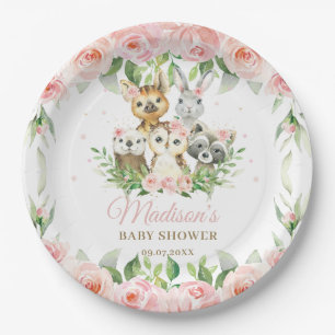 Woodland Animals Owl Pink Floral Girl Baby Shower Paper Plate