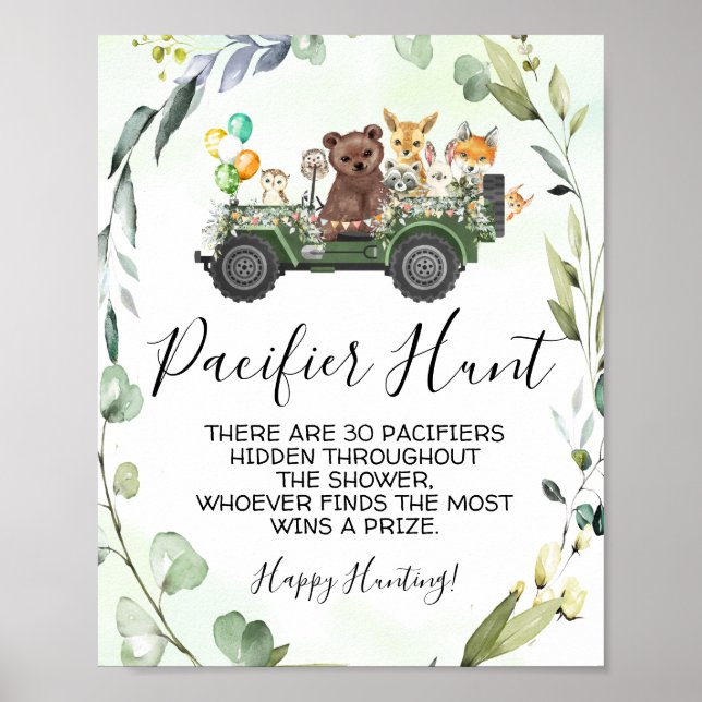 Woodland Animals Pacifier Hunt Baby Shower Game Poster (Front)