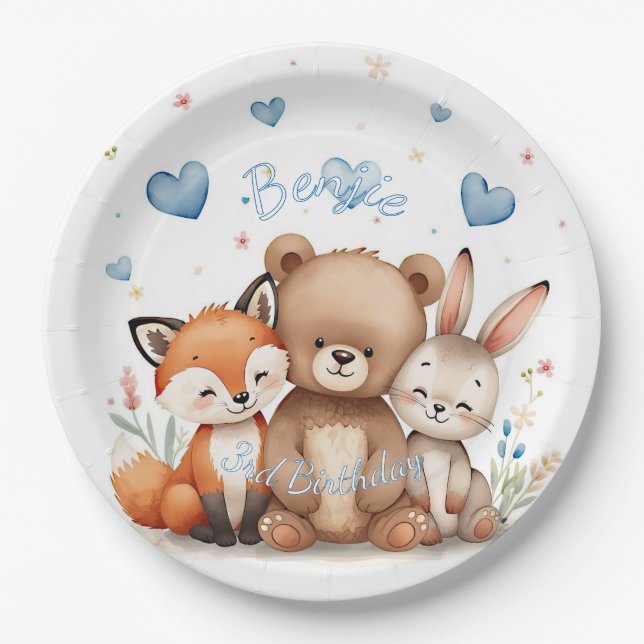 Woodland Animals Party Pastel Blue Hearts Floral  Paper Plate (Front)