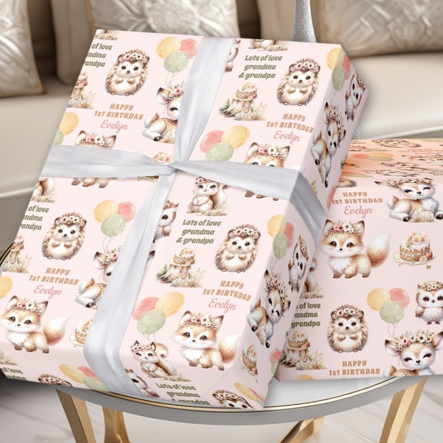 Woodland Animals Pastel Girl 1st Birthday Name Wrapping Paper (Woodland Animals Pastel Girl 1st Birthday Name Wrapping Paper)
