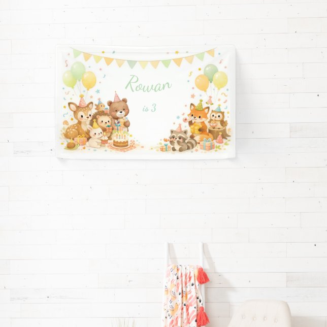 Woodland Animals Pastel Yellow Green Balloons  Banner (Insitu)
