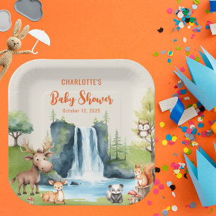 Woodland animals Personalised Orange Baby Shower Paper Plate
