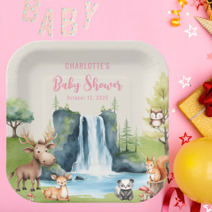 Woodland animals Personalised Pink Baby Shower Paper Plate