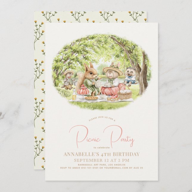 Woodland Animals Picnic Girl Birthday Invitation (Front/Back)