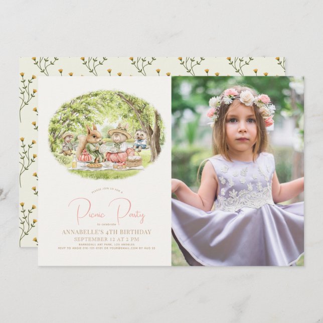Woodland Animals Picnic Girl Birthday Photo Invitation (Front/Back)