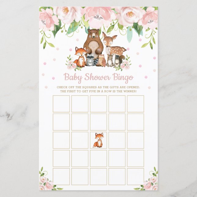 Woodland Animals Pin Floral Baby Shower Bingo Game (Front)