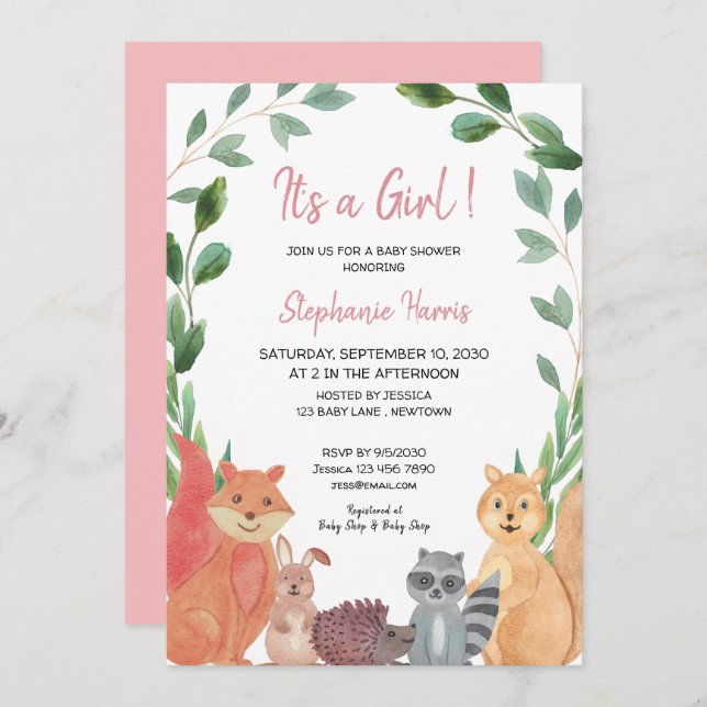 Woodland Animals Pink Baby Girl Baby Shower Invitation (Front/Back)
