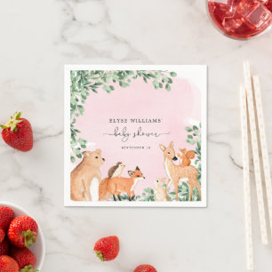 Woodland Animals Pink Baby Shower Paper Napkin