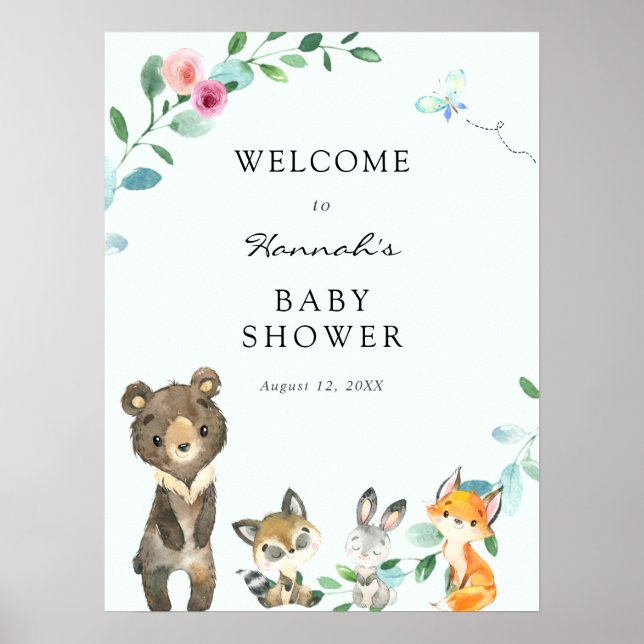 Woodland Animals Pink Baby Shower Welcome Sign (Front)