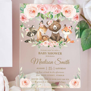 Woodland Animals Pink Blush Floral Baby Shower Acrylic Invitations