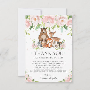 Woodland Animals Pink Blush Floral Baby Shower Thank You Card