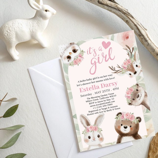 Woodland Animals Pink Boho Girl Baby Shower  Invitation (Creator Uploaded)