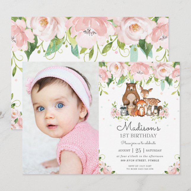 Woodland Animals Pink Floral 1st Birthday Photo Invitation (Front/Back)