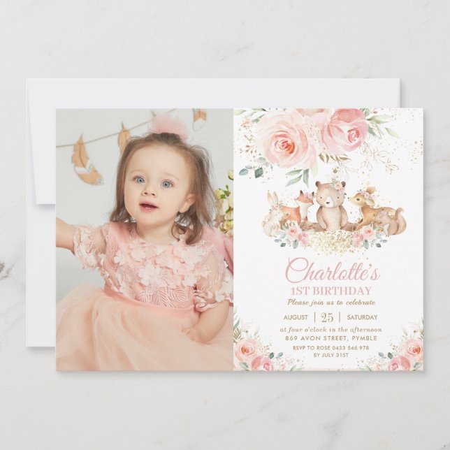 Woodland Animals Pink Floral 1st Birthday Photo Invitation (Front)