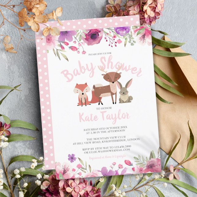 Woodland Animals  Pink Floral Baby Girl Shower Invitation (Woodland Animals Pink Floral Baby Girl Shower Invitation)
