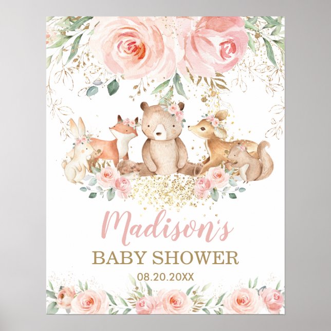 Woodland Animals Pink Floral Baby Shower Welcome Poster (Front)