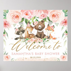Woodland Animals Pink Floral Baby Shower Welcome Poster
