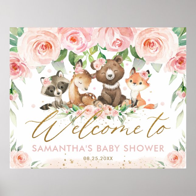 Woodland Animals Pink Floral Baby Shower Welcome  Poster (Front)