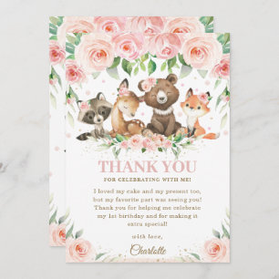 Woodland Animals Pink Floral Birthday Baby Shower Thank You Card