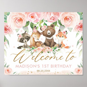 Woodland Animals Pink Floral Birthday Welcome Poster