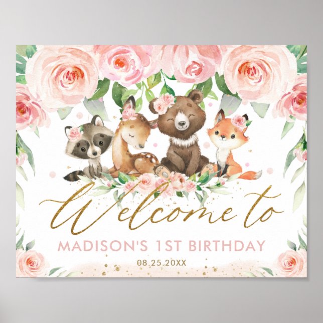 Woodland Animals Pink Floral Birthday Welcome  Poster (Front)