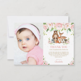 Woodland Animals Pink Floral Girl 1st Birthday Thank You Card