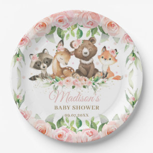 Woodland Animals Pink Floral Girl Baby Shower  Paper Plate