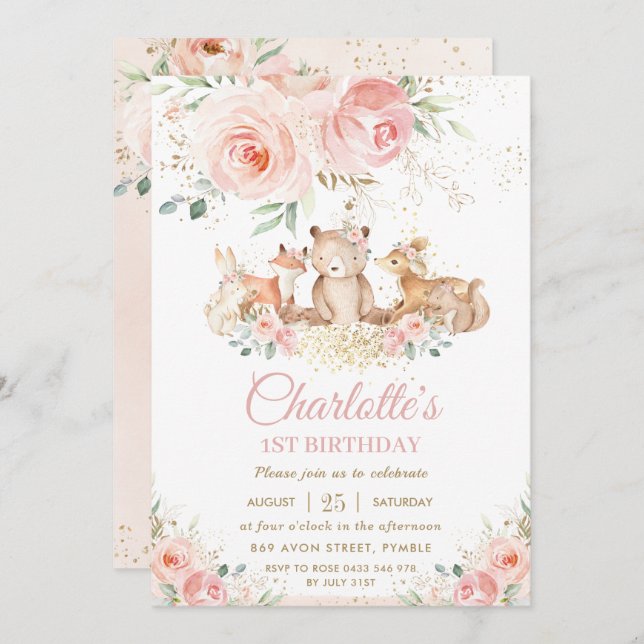 Woodland Animals Pink Floral Gold Girl Birthday  Invitation (Front/Back)