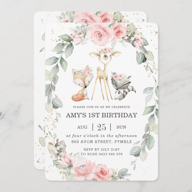 Woodland Animals Pink Floral Greenery Birthday Invitation (Front/Back)