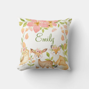 Woodland Animals Pink Floral Personalized Cushion