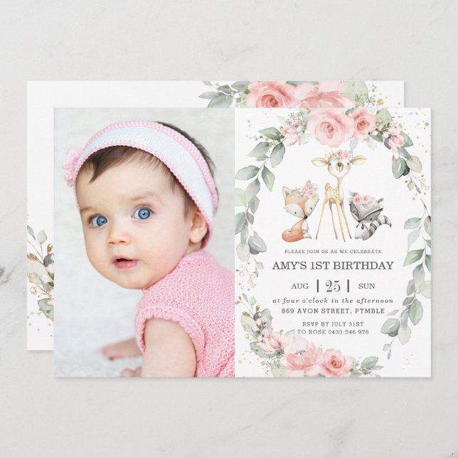Woodland Animals Pink Floral Wreath Birthday Photo Invitation (Front/Back)