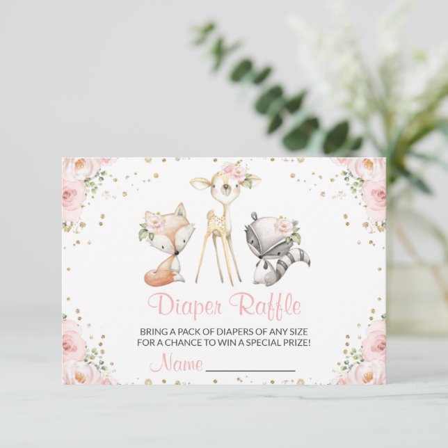 Woodland Animals, Pink Flowers, Diaper Raffle Enclosure Card (Standing Front)
