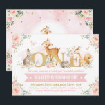 Woodland Animals Pink Gold Floral 1st Birthday Invitation<br><div class="desc">Feminine,  fresh and adorable woodland themed 1st birthday invitation</div>