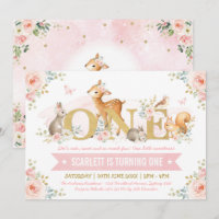 Woodland Animals Pink Gold Floral 1st Birthday