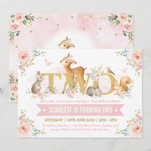 Woodland Animals Pink Gold Floral 2nd Birthday Invitation