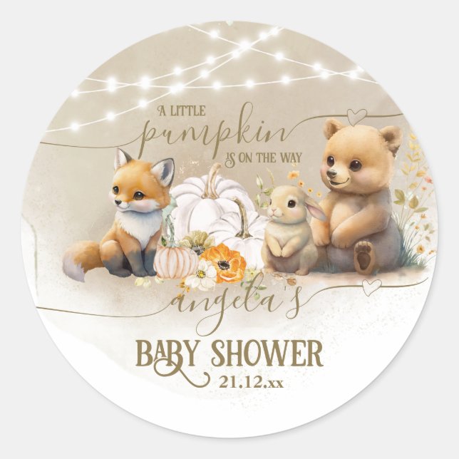 Woodland Animals Pumpkin Fall Baby Shower  Classic Round Sticker (Front)