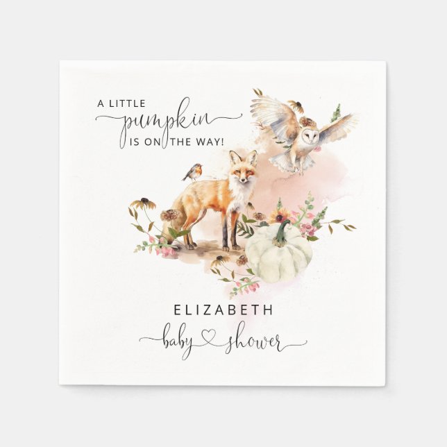 Woodland Animals Pumpkin Fall Floral Baby Shower Napkin (Front)