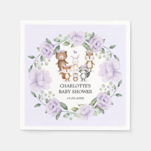 Woodland Animals Purple Floral Wreath Baby Girl Napkin
